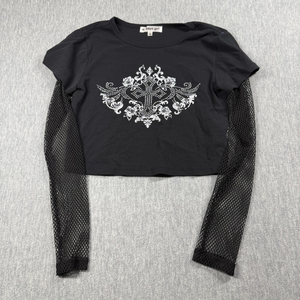 Madden Girl Crop Top Women Large Black Mesh Sleeves Rhinestone Cross Graphic Y2K